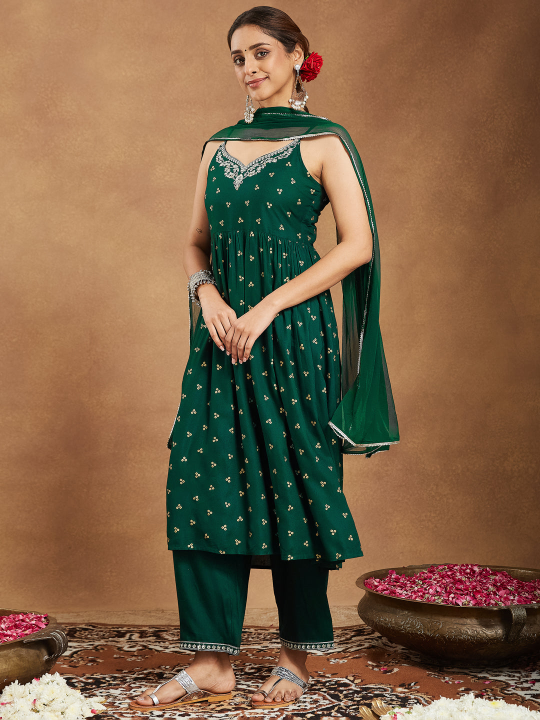 Ninnique Women's Dark Green Rayon Yoke Embroidered Gold Printed A-line Kurta Set