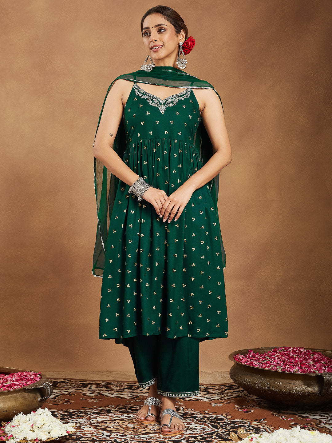 Ninnique Women's Dark Green Rayon Yoke Embroidered Gold Printed A-line Kurta Set