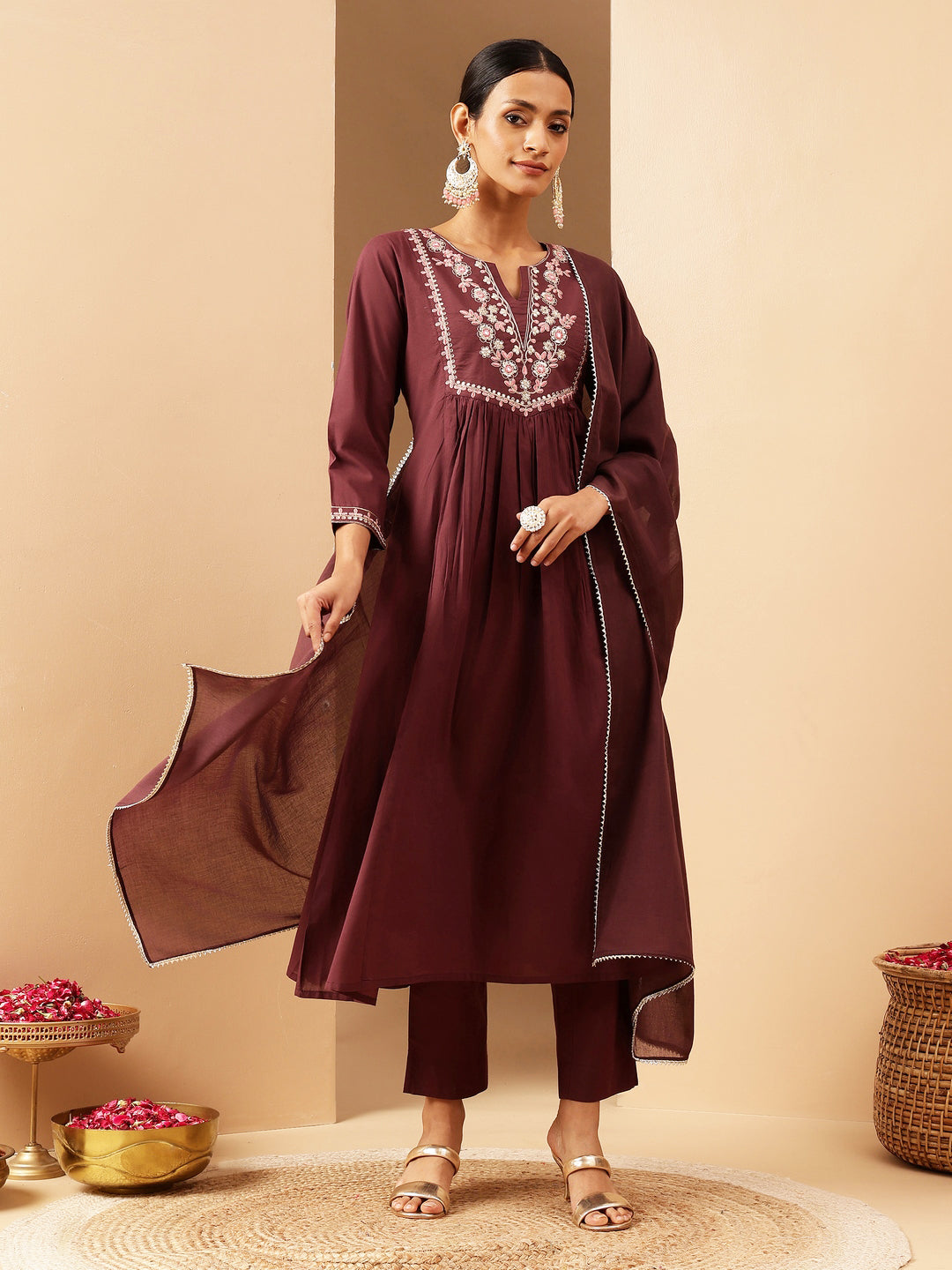 Ninnique Women's Bungundy Pure Cotton Yoke Embroidered A-line Kurta Set