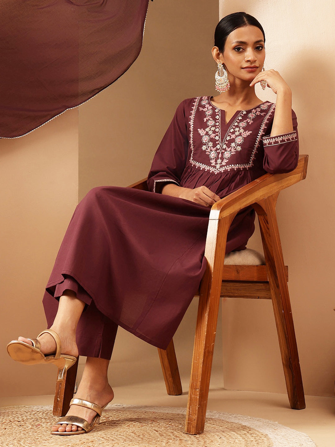 Ninnique Women's Bungundy Pure Cotton Yoke Embroidered A-line Kurta Set