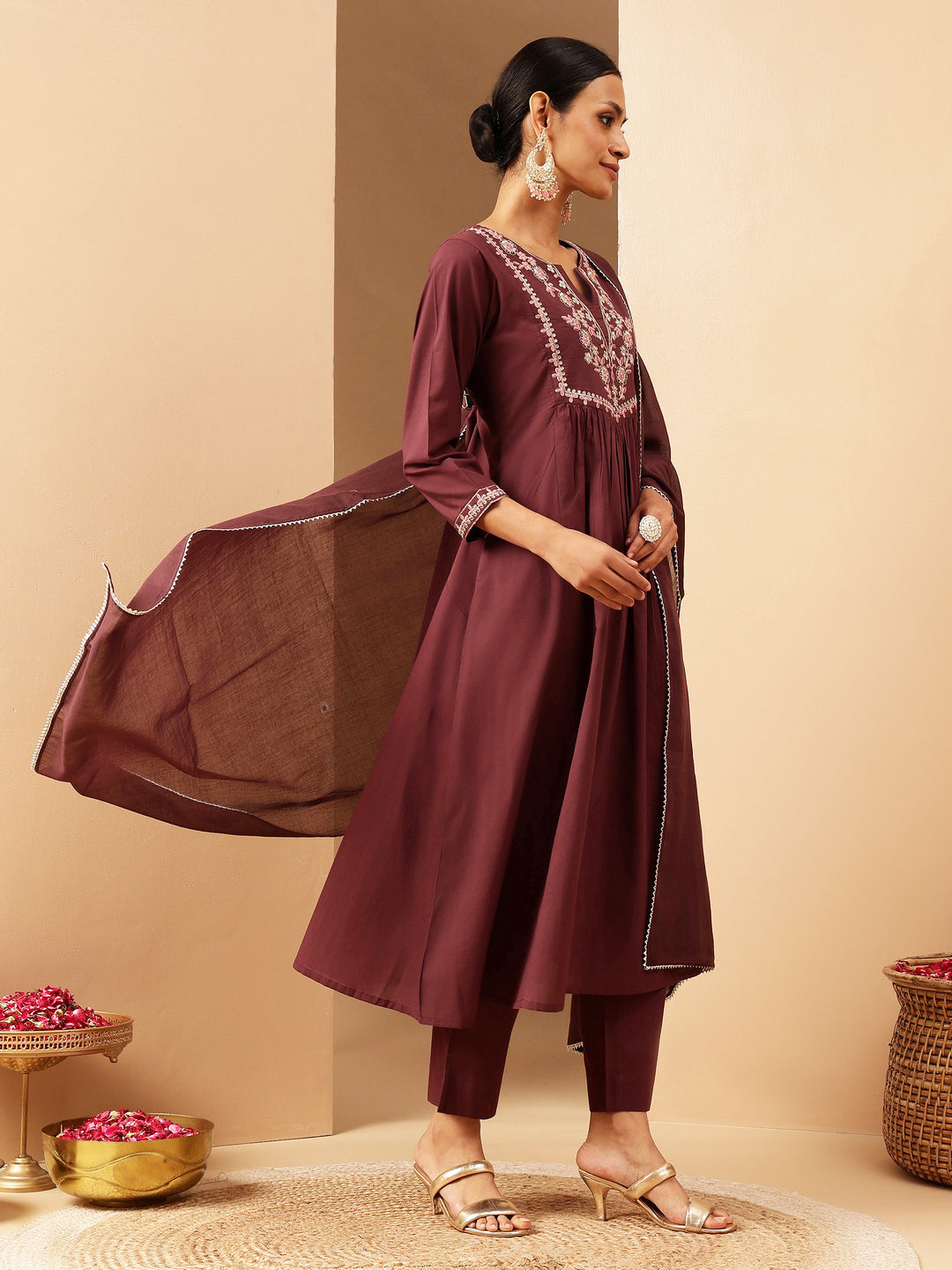 Ninnique Women's Bungundy Pure Cotton Yoke Embroidered A-line Kurta Set