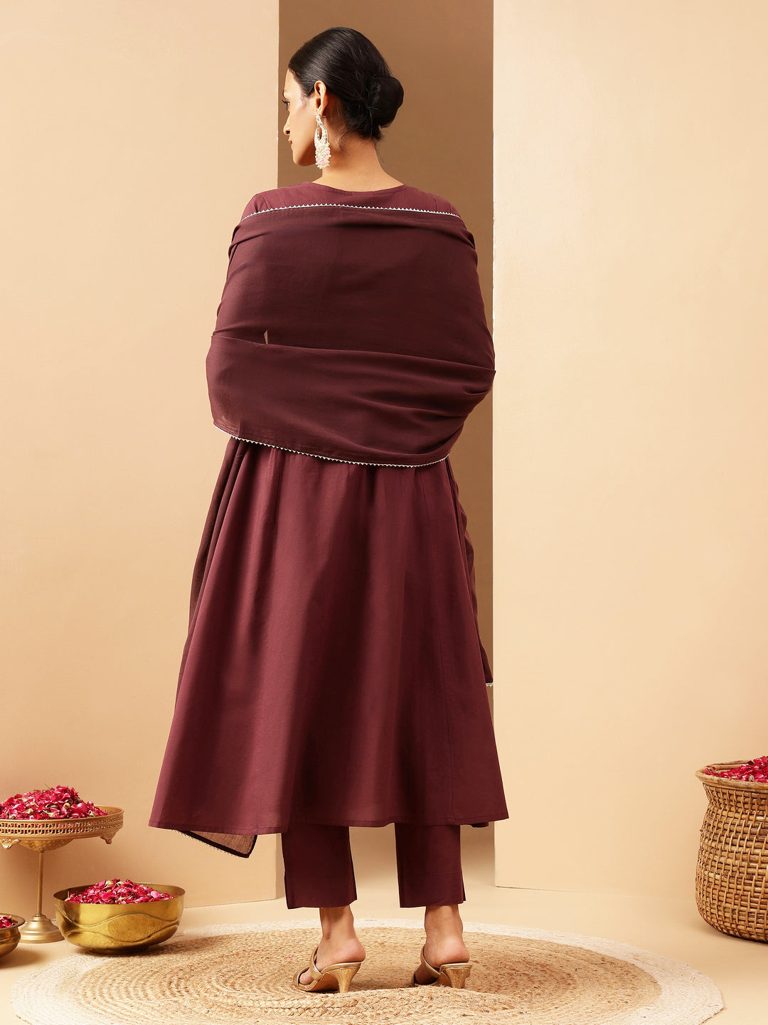Ninnique Women's Bungundy Pure Cotton Yoke Embroidered A-line Kurta Set
