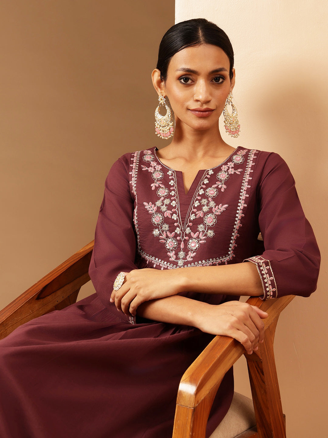 Ninnique Women's Bungundy Pure Cotton Yoke Embroidered A-line Kurta Set