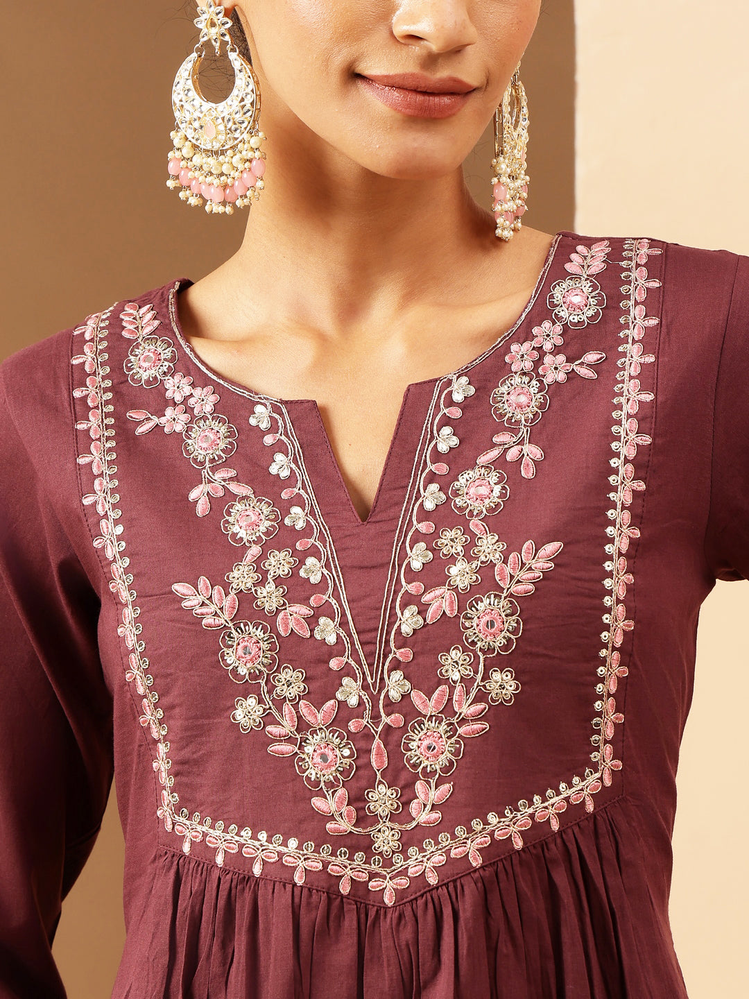 Ninnique Women's Bungundy Pure Cotton Yoke Embroidered A-line Kurta Set