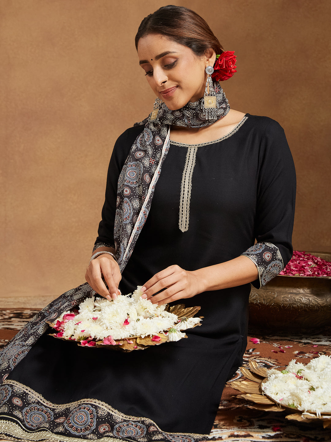 Ninnique Women's Black Rayon Ajrakh Printed Straight Kurta Set