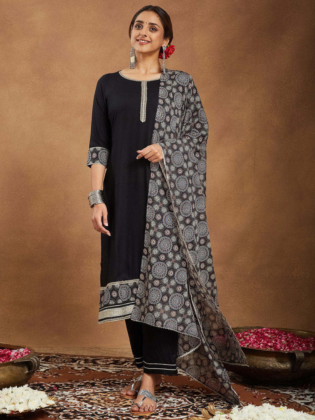 Ninnique Women's Black Rayon Ajrakh Printed Straight Kurta Set