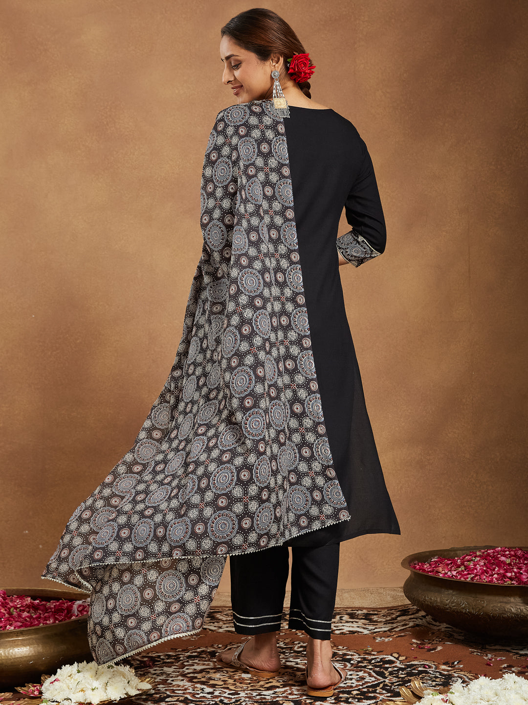 Ninnique Women's Black Rayon Ajrakh Printed Straight Kurta Set
