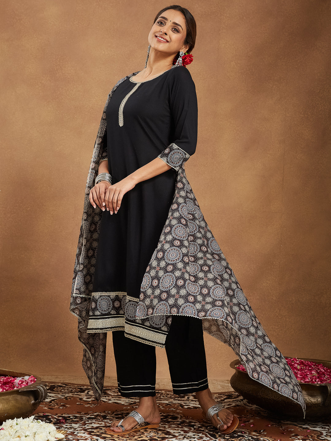 Ninnique Women's Black Rayon Ajrakh Printed Straight Kurta Set