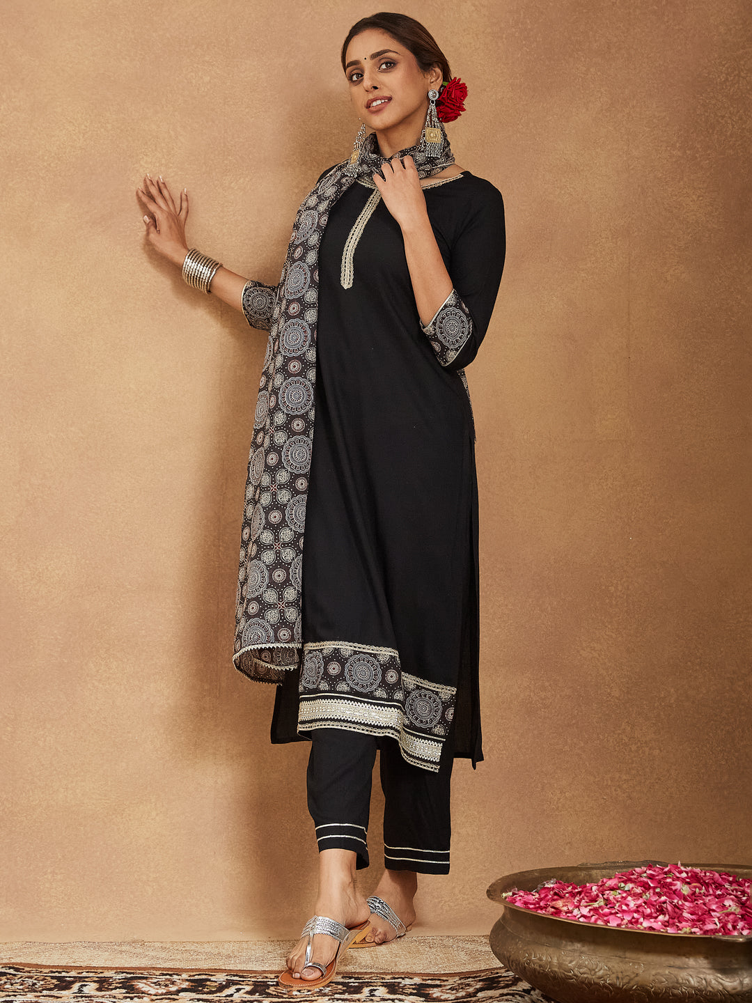 Ninnique Women's Black Rayon Ajrakh Printed Straight Kurta Set