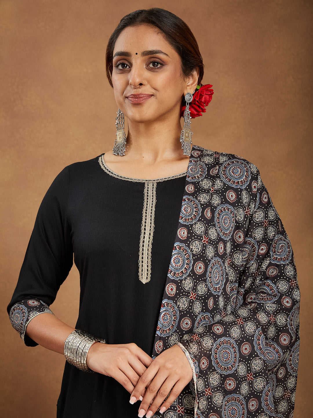 Ninnique Women's Black Rayon Ajrakh Printed Straight Kurta Set