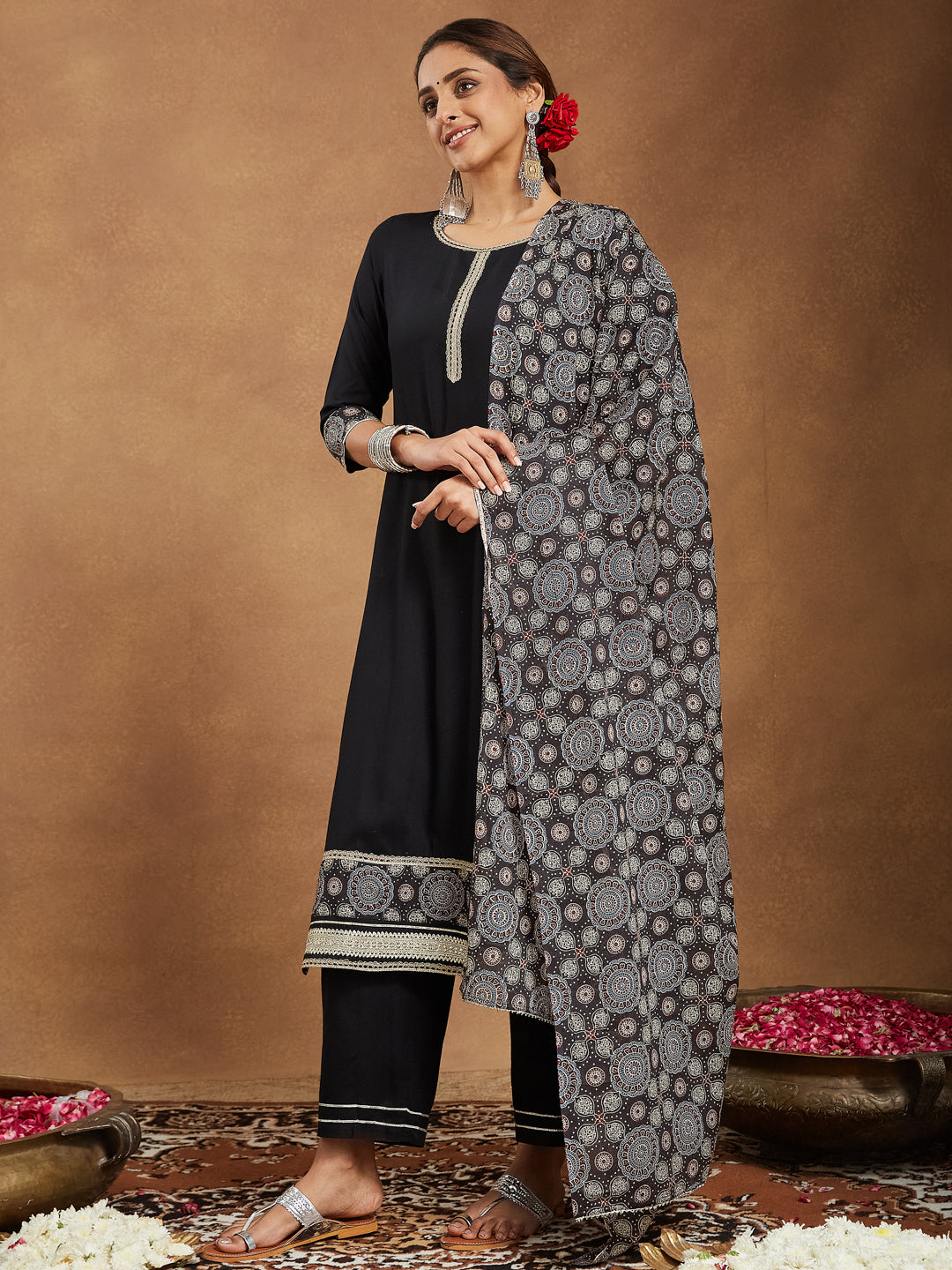 Ninnique Women's Black Rayon Ajrakh Printed Straight Kurta Set
