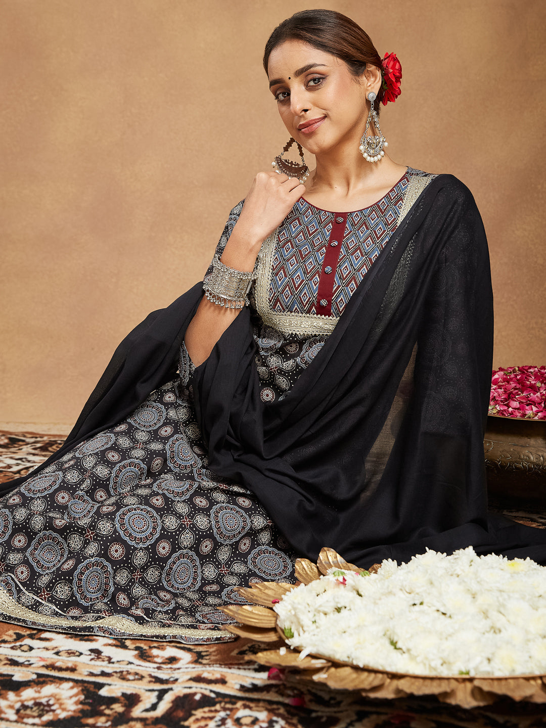 Ninnique Women's Black Pure Cotton Ajrakh Printed Straight Kurta Set