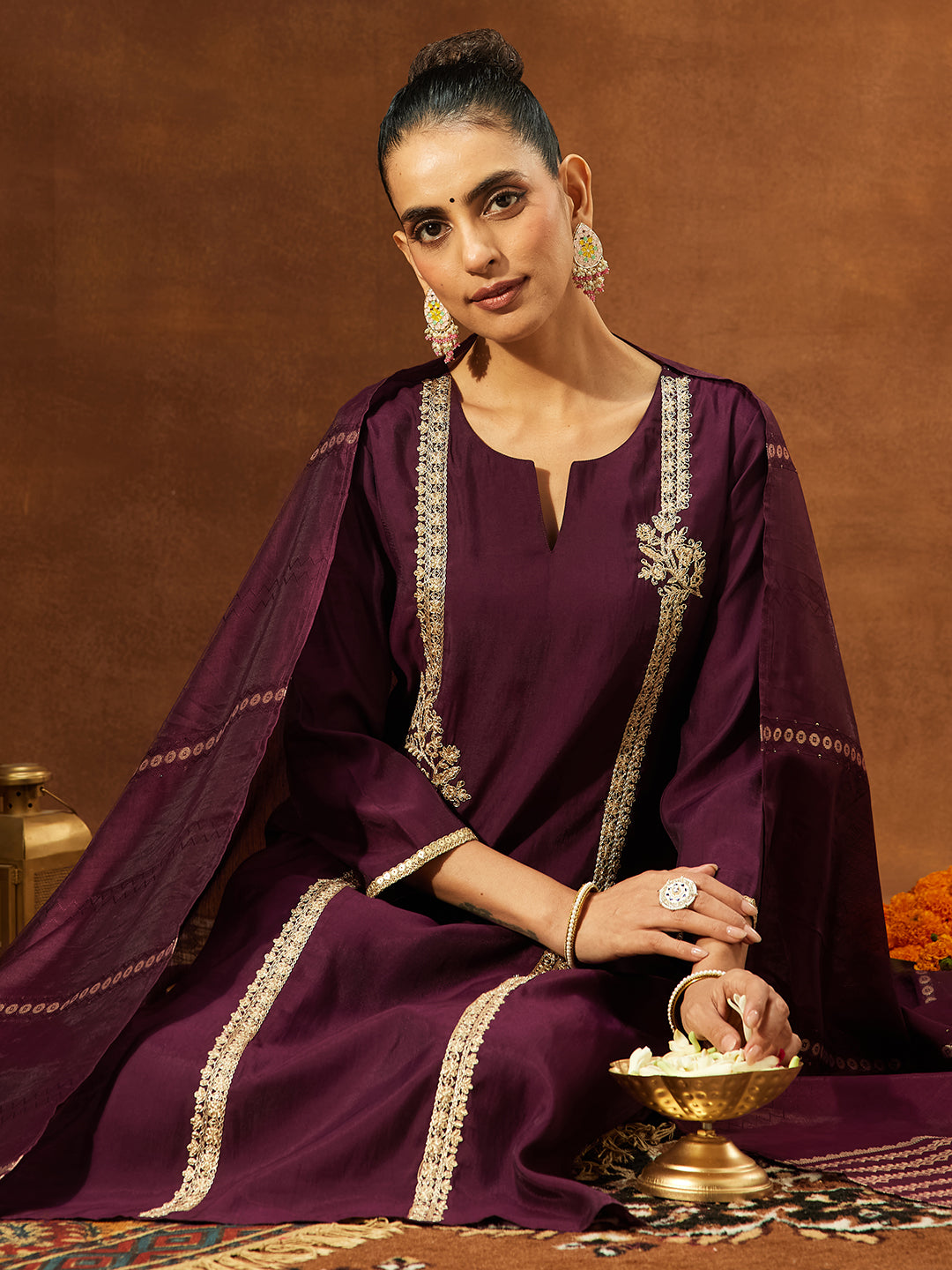 Ninnique Women's Wine Chanderi Silk Embroidered Straight Kurta Set