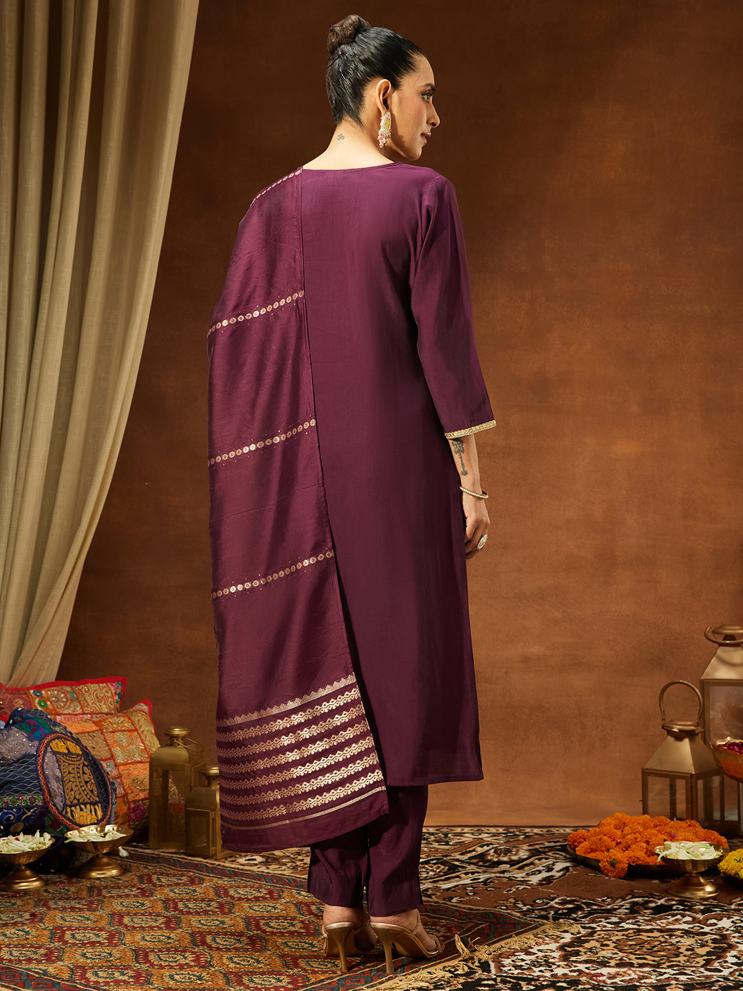 Ninnique Women's Wine Chanderi Silk Embroidered Straight Kurta Set