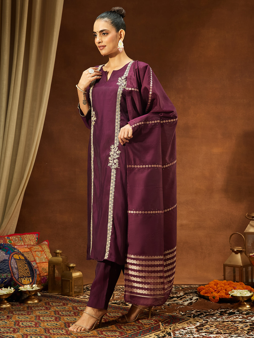 Ninnique Women's Wine Chanderi Silk Embroidered Straight Kurta Set