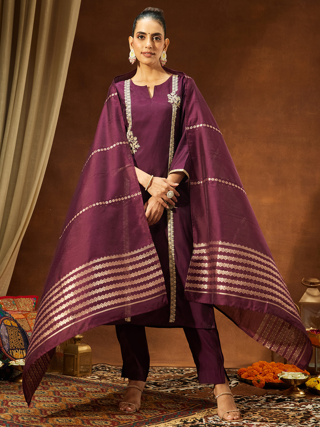 Ninnique Women's Wine Chanderi Silk Embroidered Straight Kurta Set