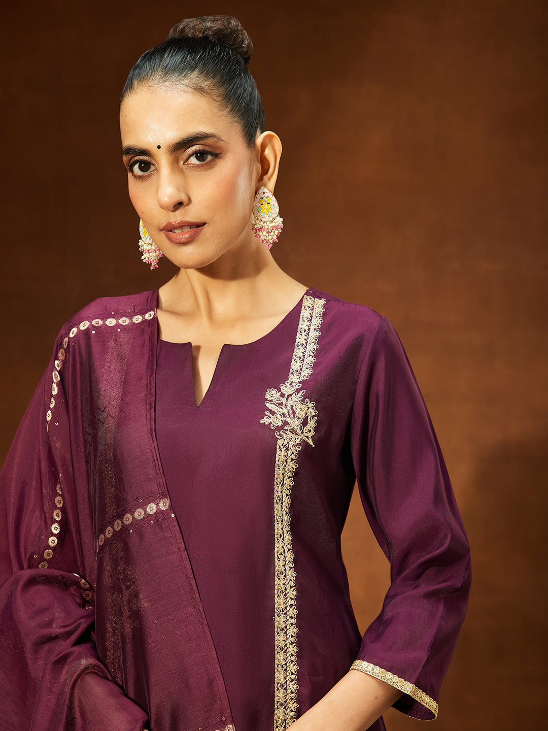 Ninnique Women's Wine Chanderi Silk Embroidered Straight Kurta Set
