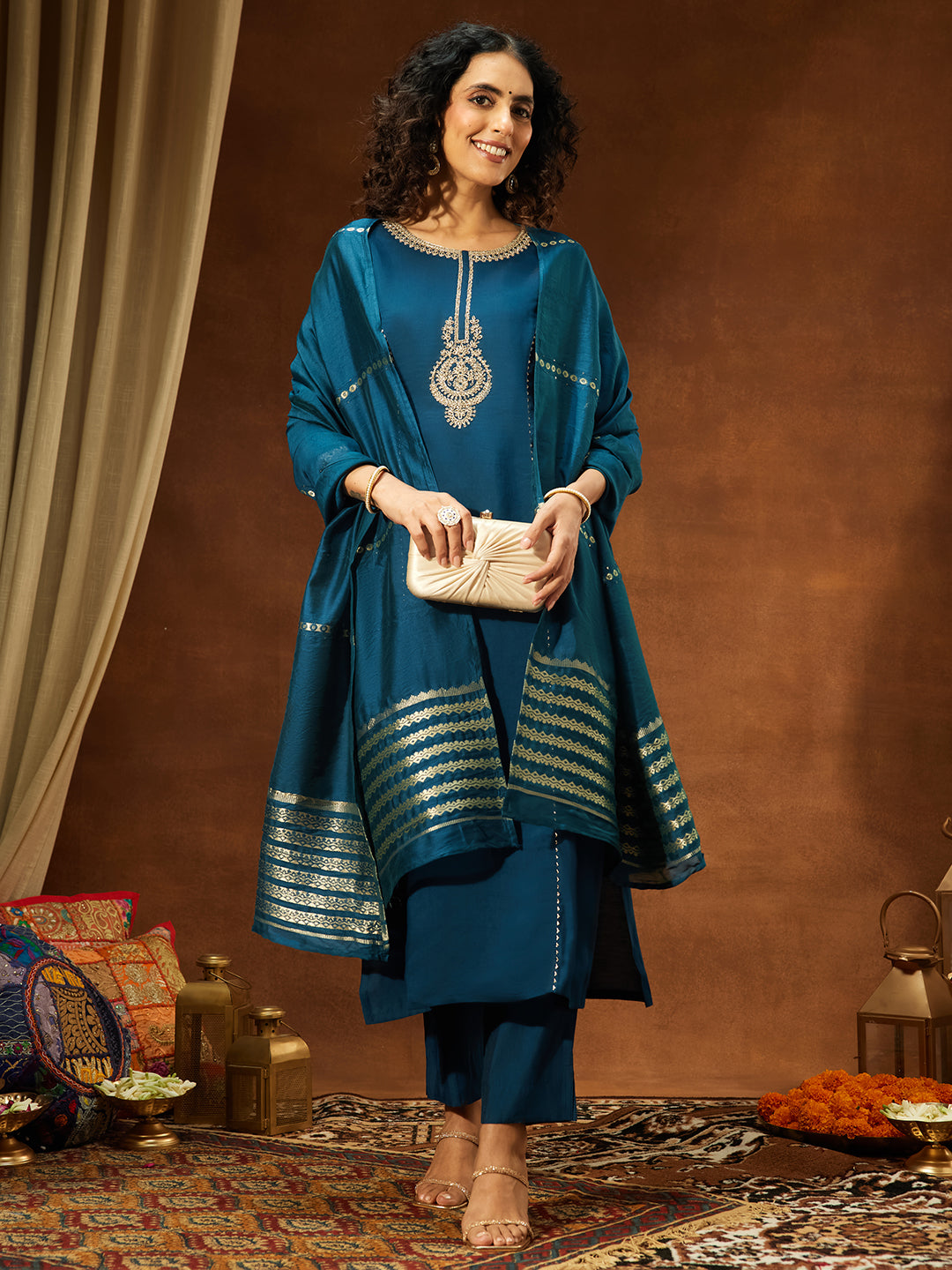 Ninnique Women's Teal Chanderi Yoke Embroidery Straight Kurta Set