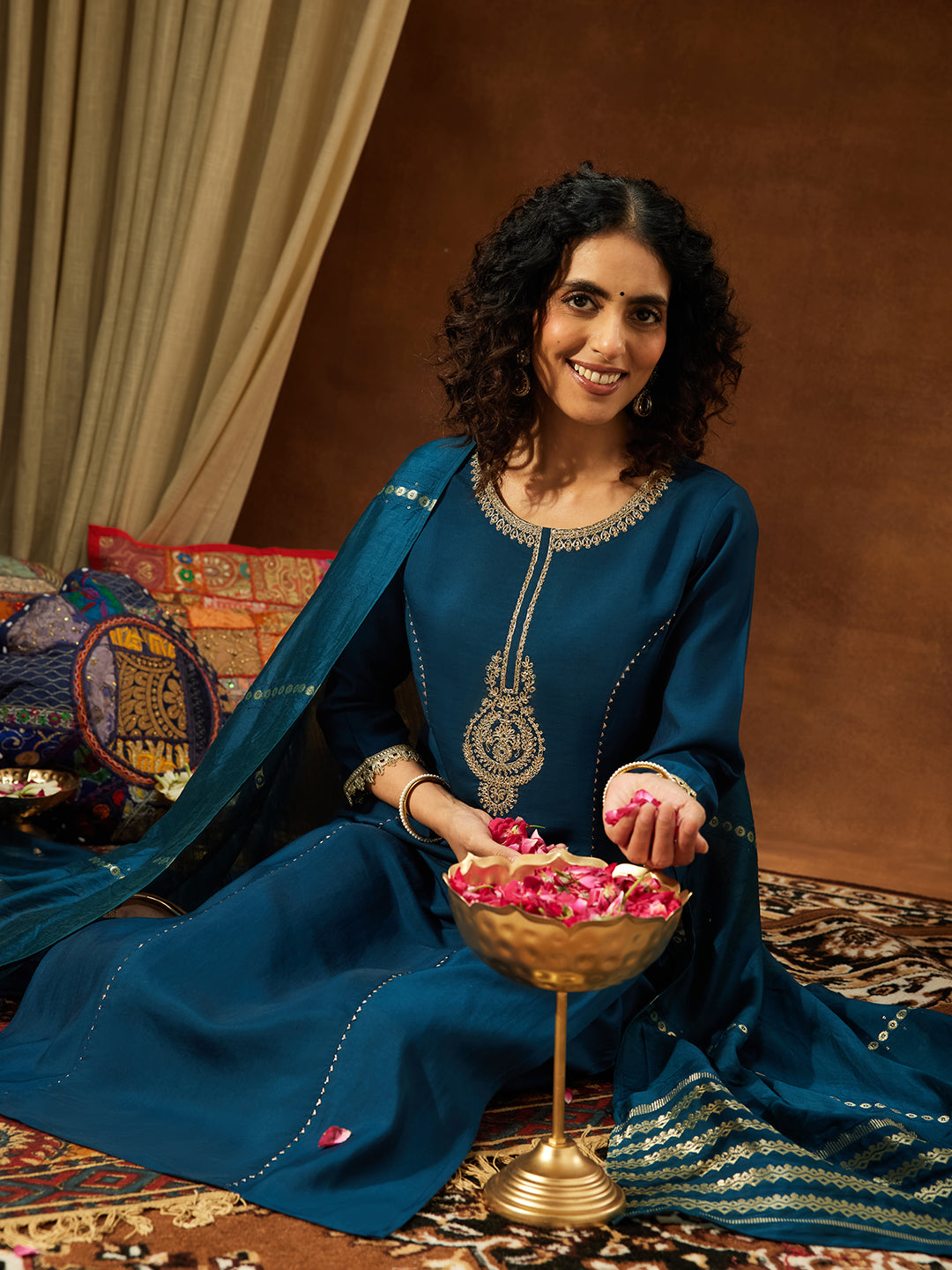 Ninnique Women's Teal Chanderi Yoke Embroidery Straight Kurta Set