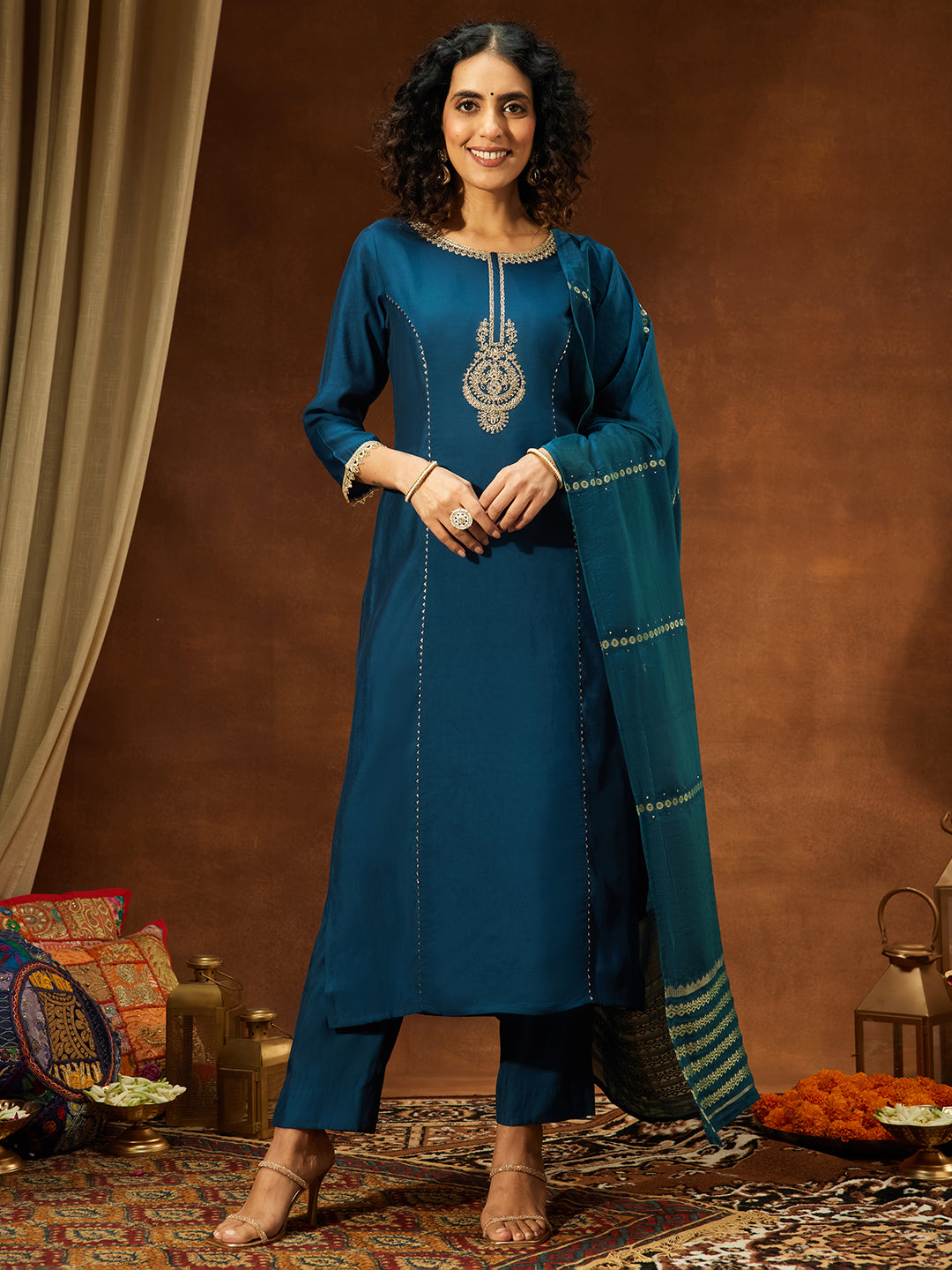 Ninnique Women's Teal Chanderi Yoke Embroidery Straight Kurta Set