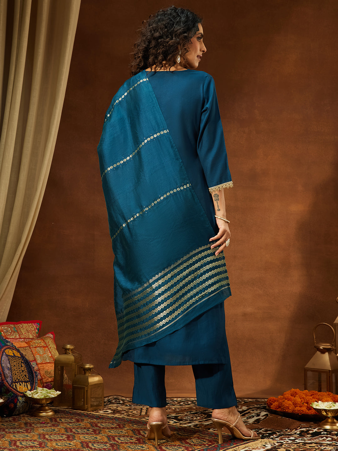 Ninnique Women's Teal Chanderi Yoke Embroidery Straight Kurta Set