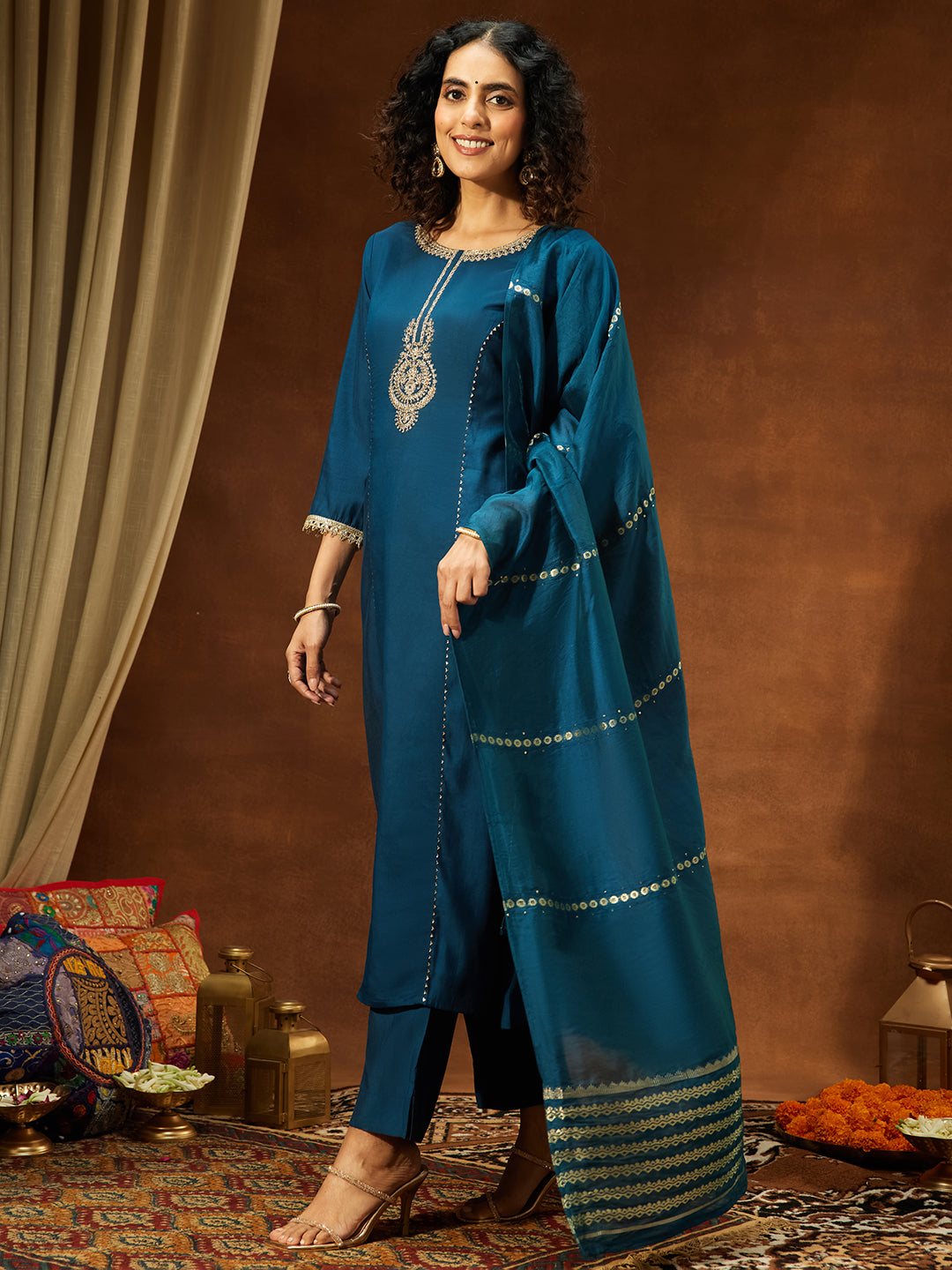 Ninnique Women's Teal Chanderi Yoke Embroidery Straight Kurta Set
