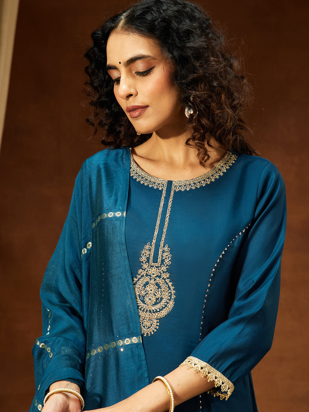 Ninnique Women's Teal Chanderi Yoke Embroidery Straight Kurta Set