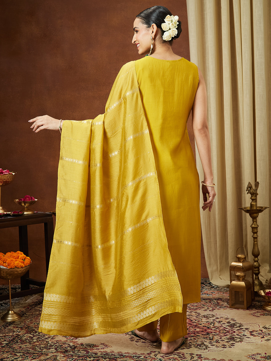Ninnique Women's Mustard Chanderi Silk Zari Embroidered Straight Kurta Pant Set