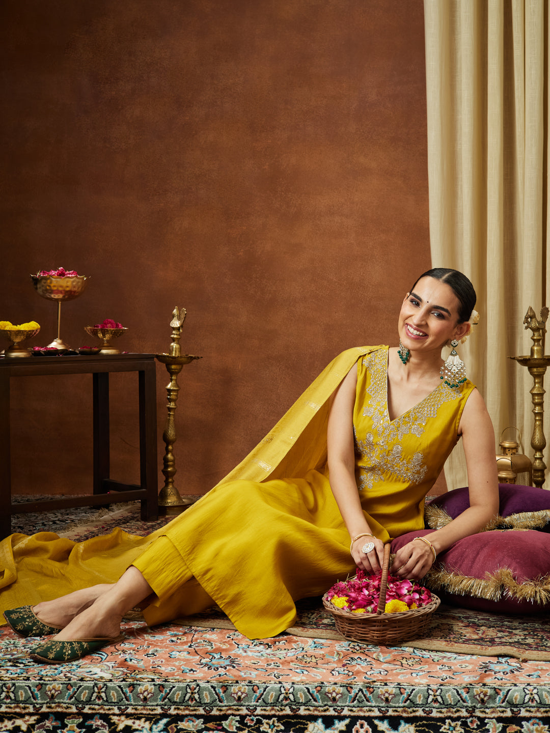Ninnique Women's Mustard Chanderi Silk Zari Embroidered Straight Kurta Pant Set