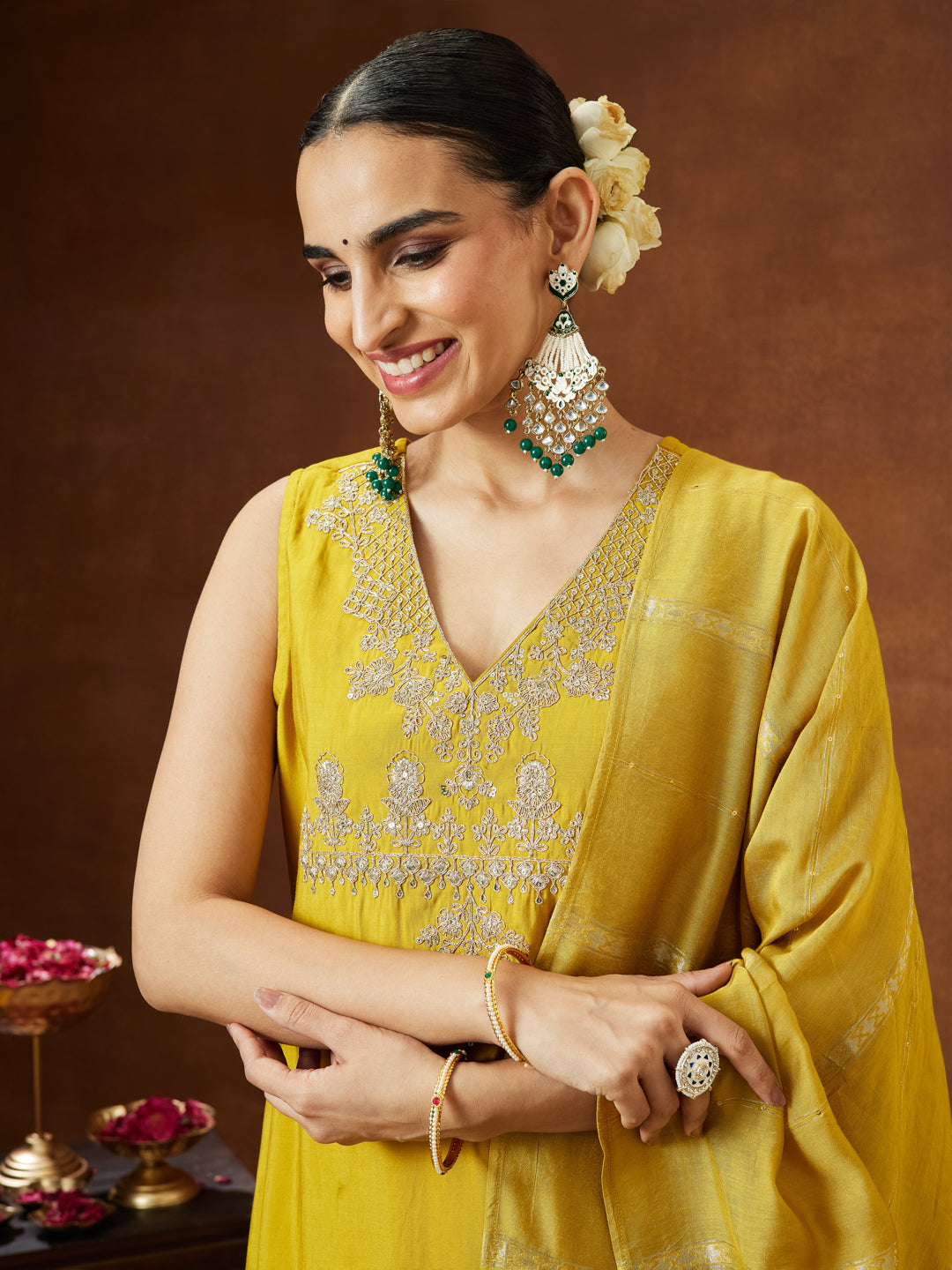Ninnique Women's Mustard Chanderi Silk Zari Embroidered Straight Kurta Pant Set