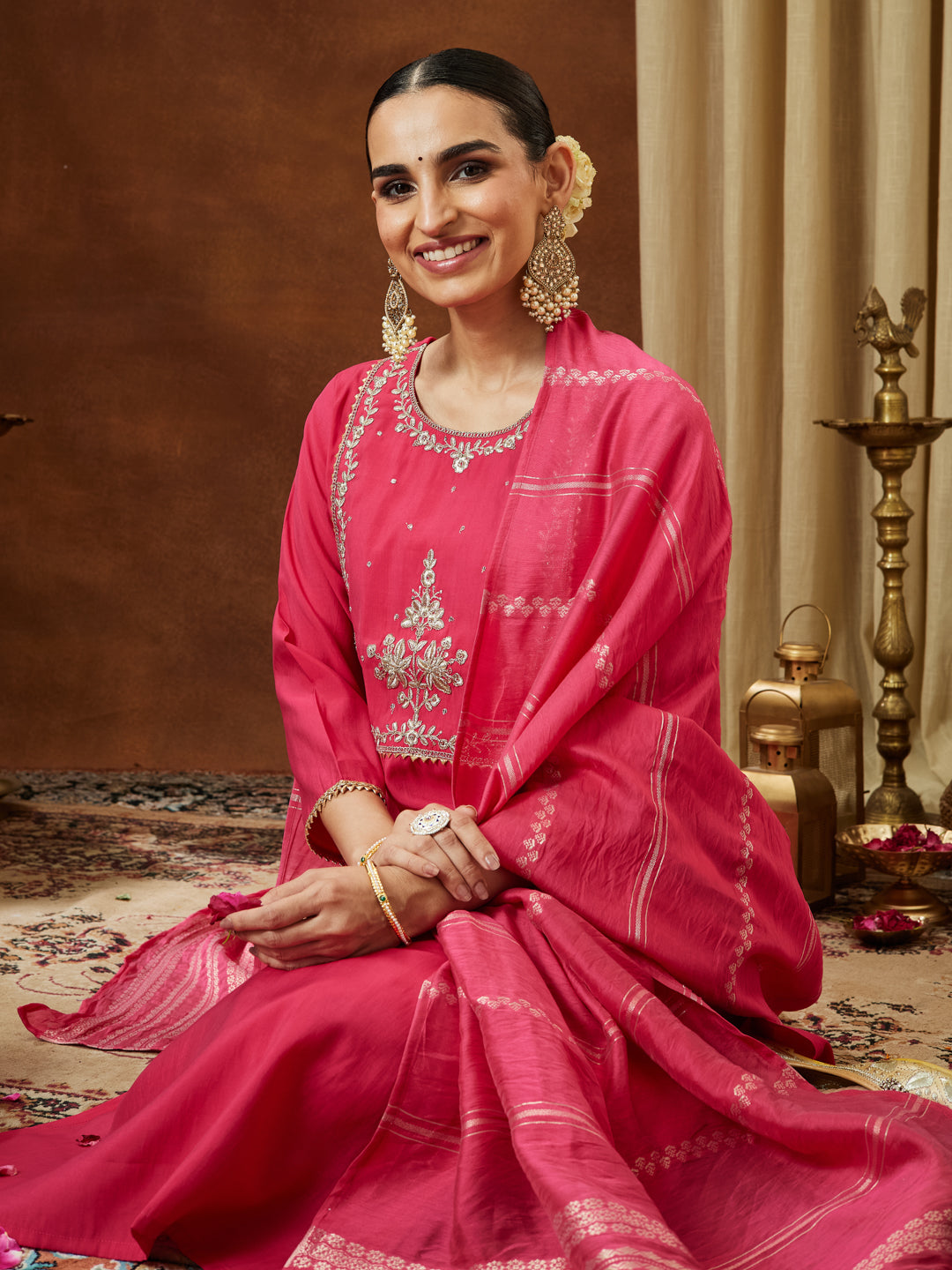 Ninnique Women's Pink Chanderi Silk Zari Yoke Embroidered Straight Kurta Set