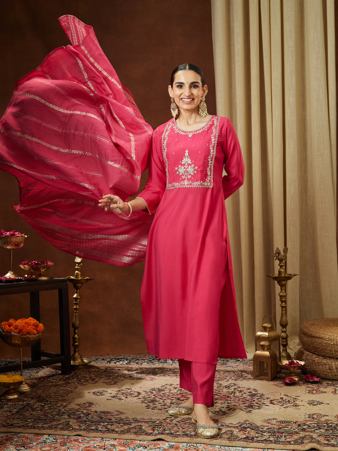 Ninnique Women's Pink Chanderi Silk Zari Yoke Embroidered Straight Kurta Set