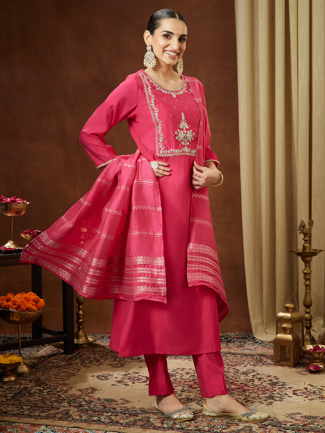 Ninnique Women's Pink Chanderi Silk Zari Yoke Embroidered Straight Kurta Set