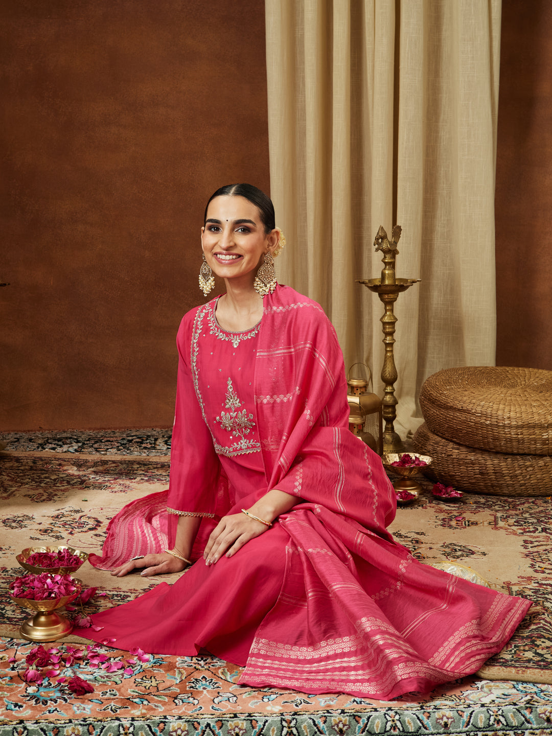 Ninnique Women's Pink Chanderi Silk Zari Yoke Embroidered Straight Kurta Set