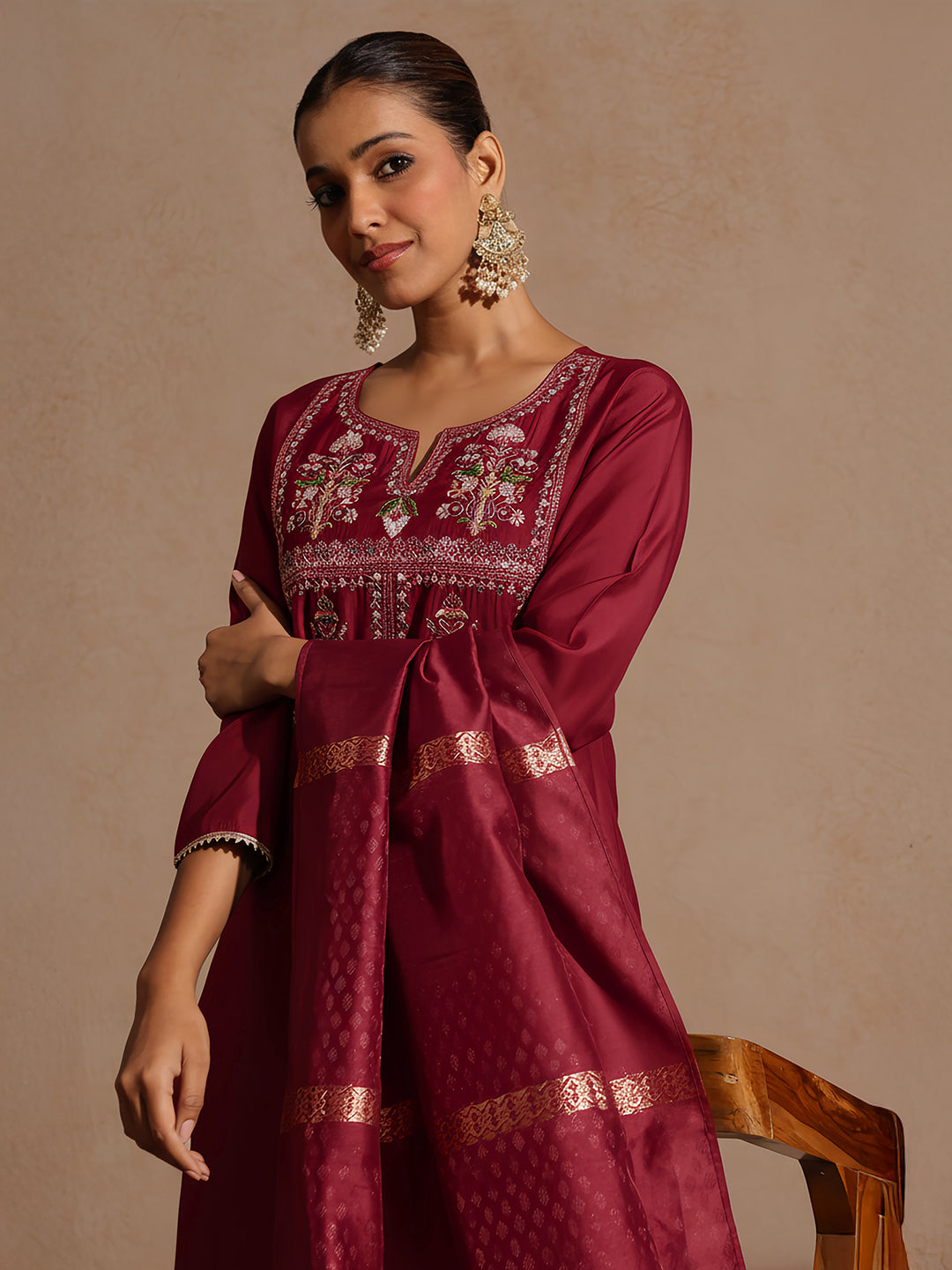 Ninnique Women's Maroon Chanderi Silk Yoke Embroidered Straight Kurta Set