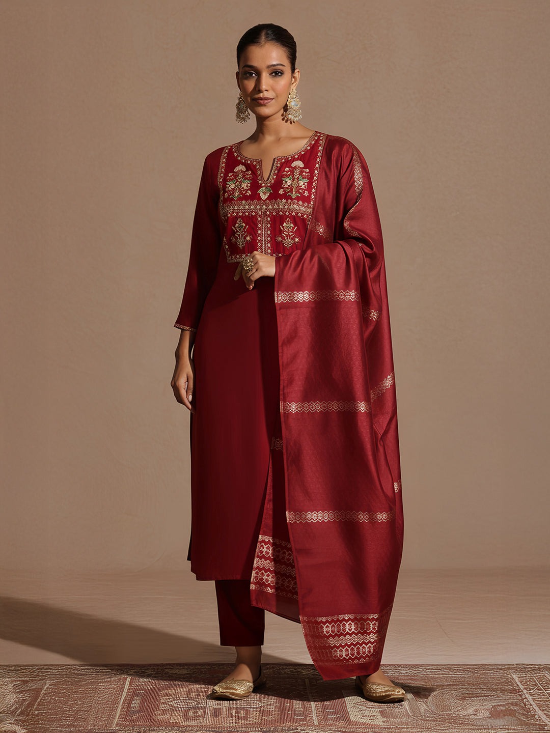 Ninnique Women's Maroon Chanderi Silk Yoke Embroidered Straight Kurta Set