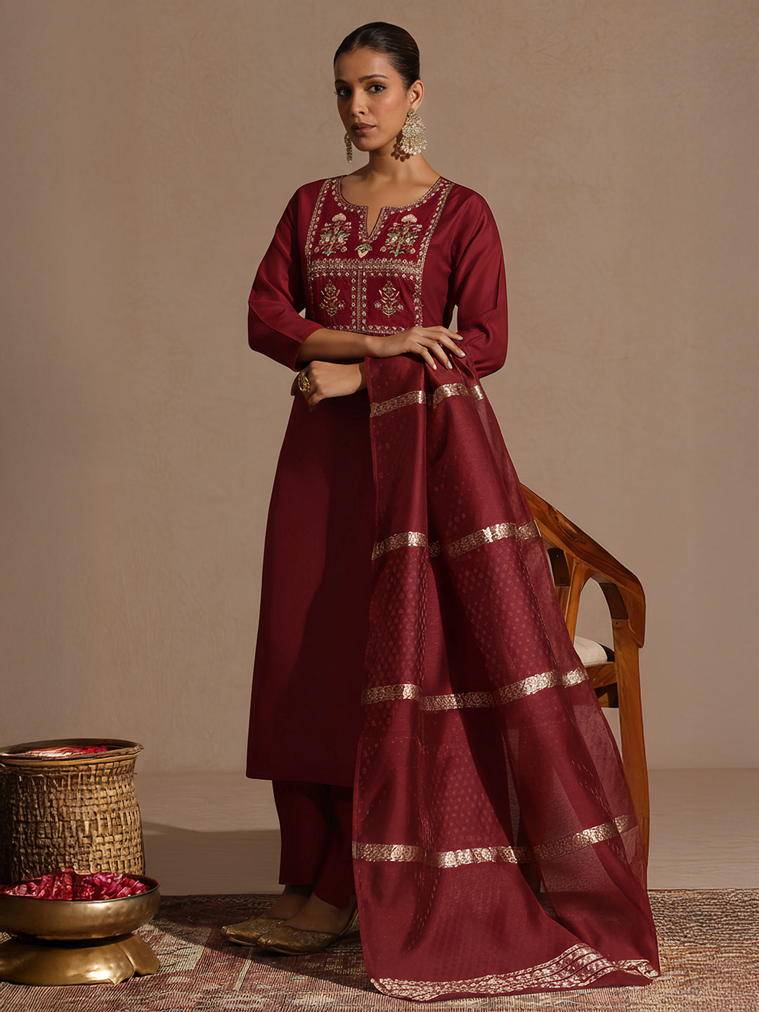 Ninnique Women's Maroon Chanderi Silk Yoke Embroidered Straight Kurta Set