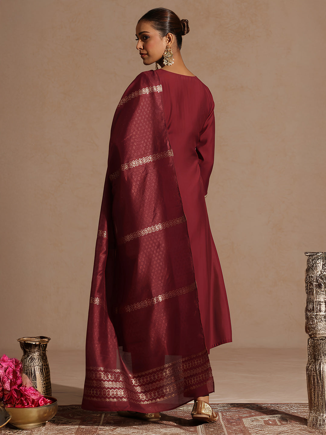 Ninnique Women's Maroon Chanderi Silk Yoke Embroidered Straight Kurta Set