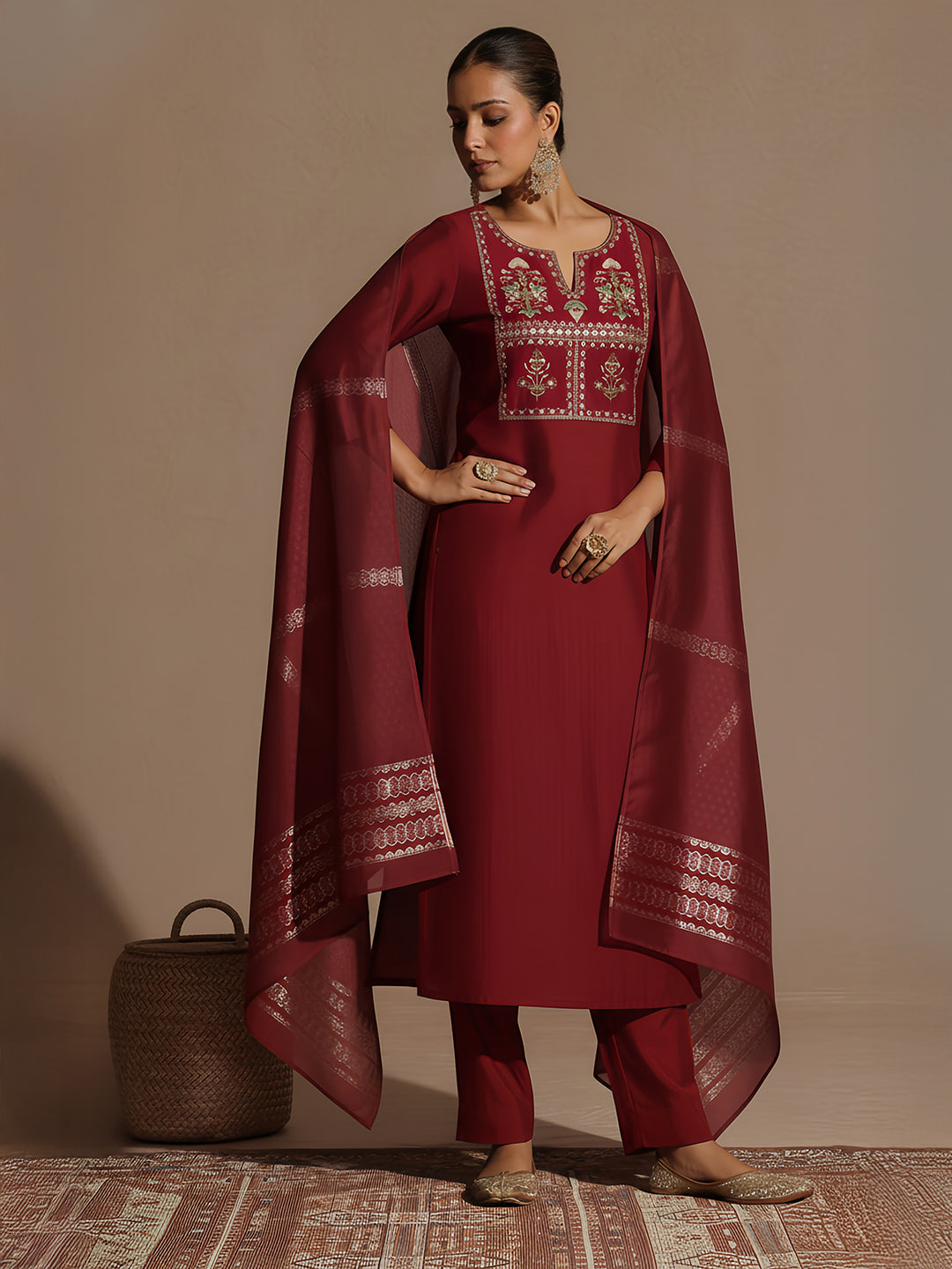 Ninnique Women's Maroon Chanderi Silk Yoke Embroidered Straight Kurta Set