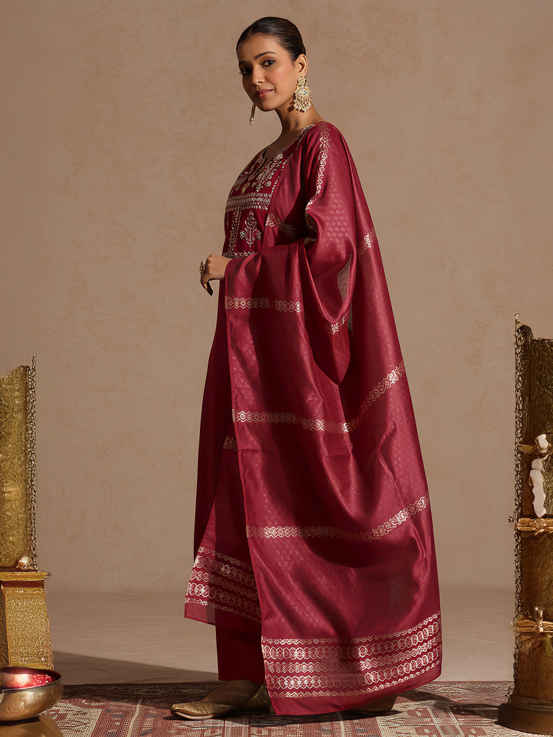 Ninnique Women's Maroon Chanderi Silk Yoke Embroidered Straight Kurta Set