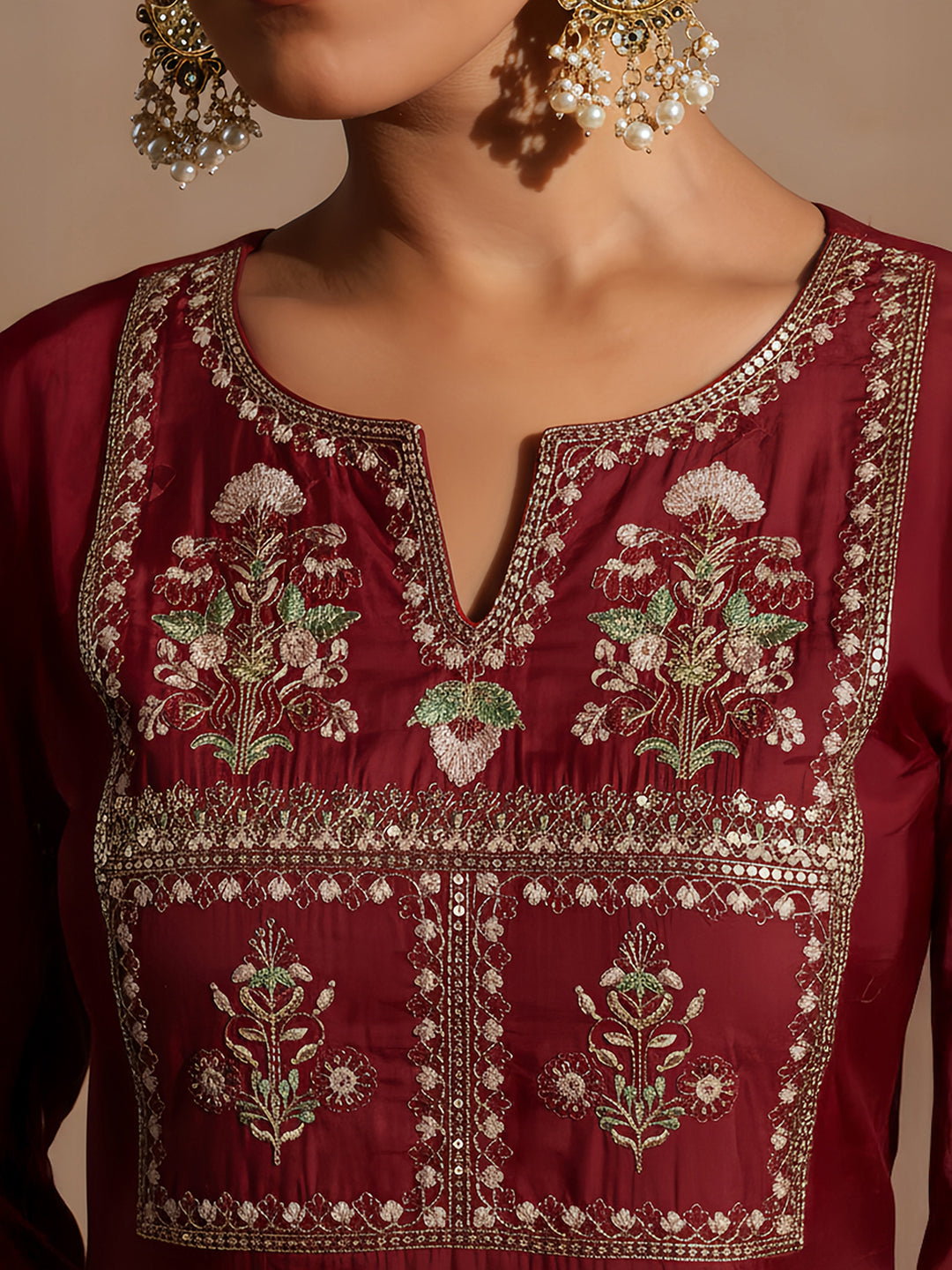 Ninnique Women's Maroon Chanderi Silk Yoke Embroidered Straight Kurta Set