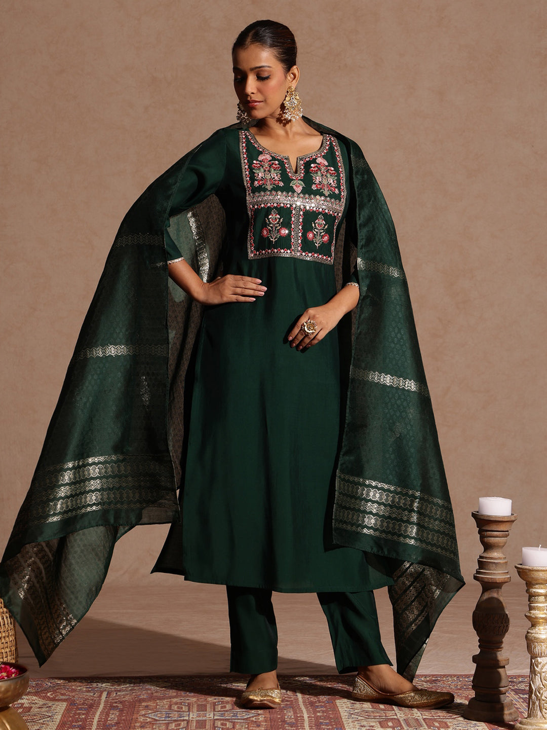 Ninnique Women's Bottle Green Chanderi Silk Zari Yoke Embroidered Straight Kurta Set