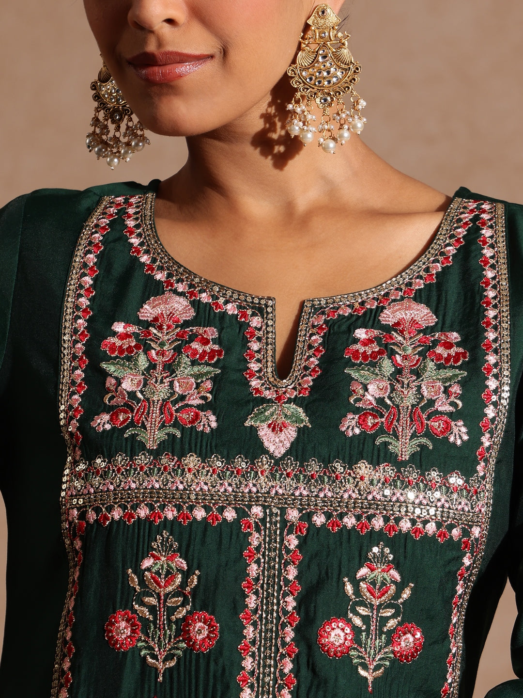 Ninnique Women's Bottle Green Chanderi Silk Zari Yoke Embroidered Straight Kurta Set