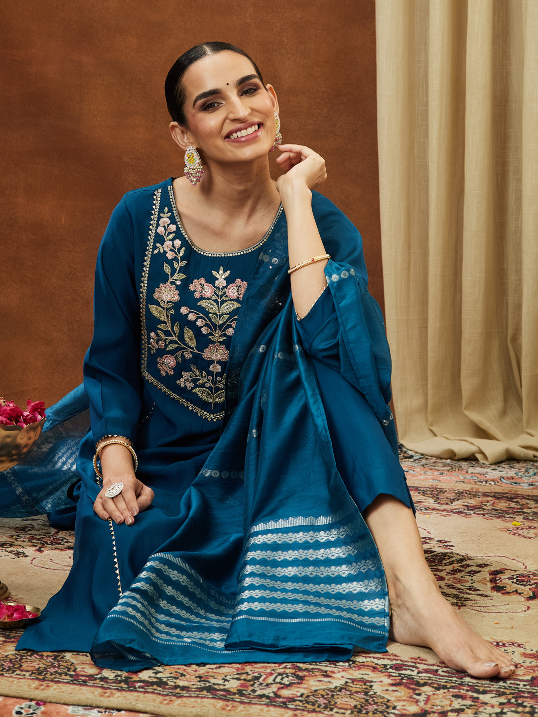 Ninnique Women's Teal Blue Chanderi Silk Yoke Embroidered Straight Kurta Set