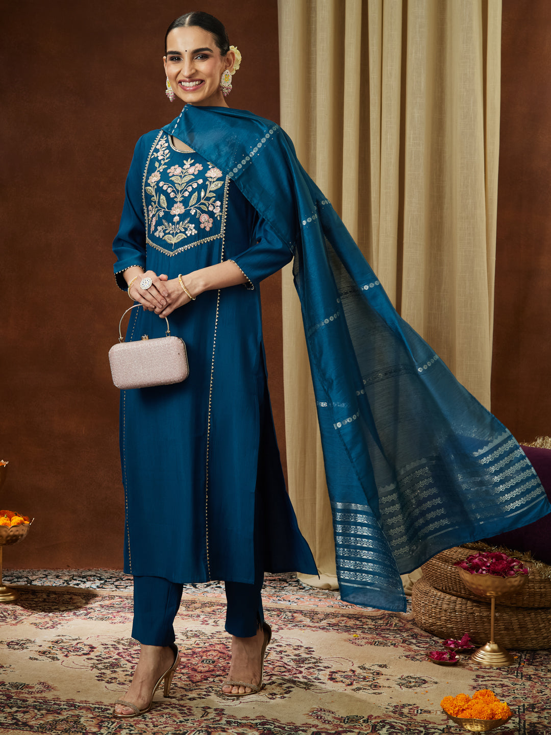 Ninnique Women's Teal Blue Chanderi Silk Yoke Embroidered Straight Kurta Set