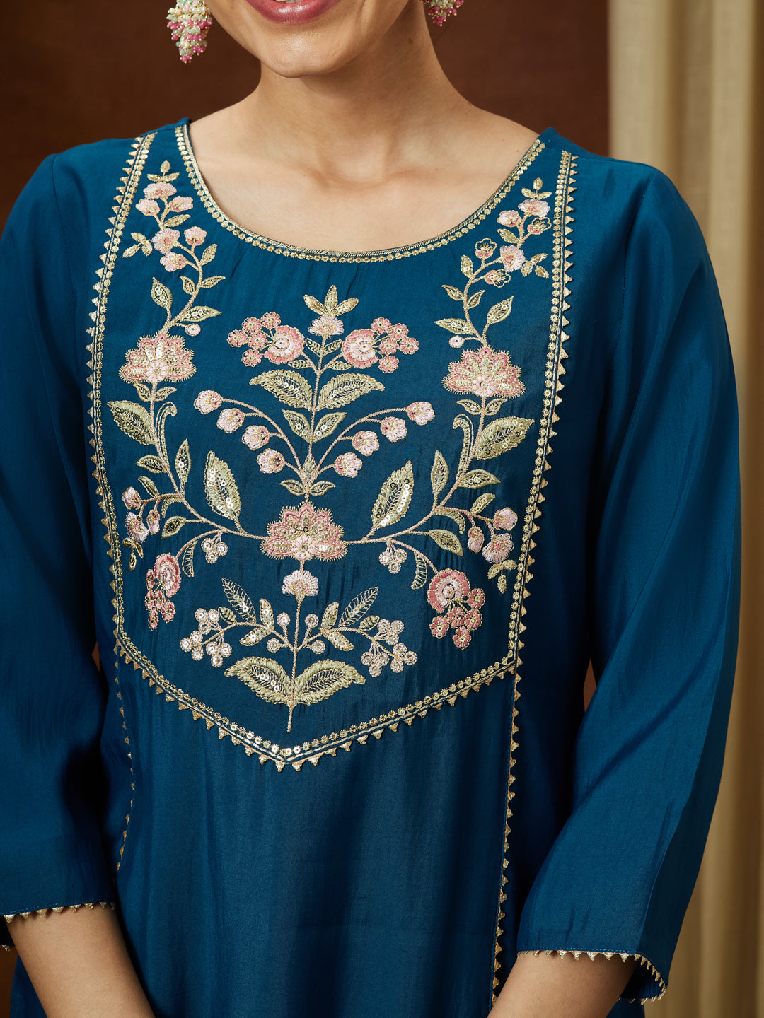 Ninnique Women's Teal Blue Chanderi Silk Yoke Embroidered Straight Kurta Set