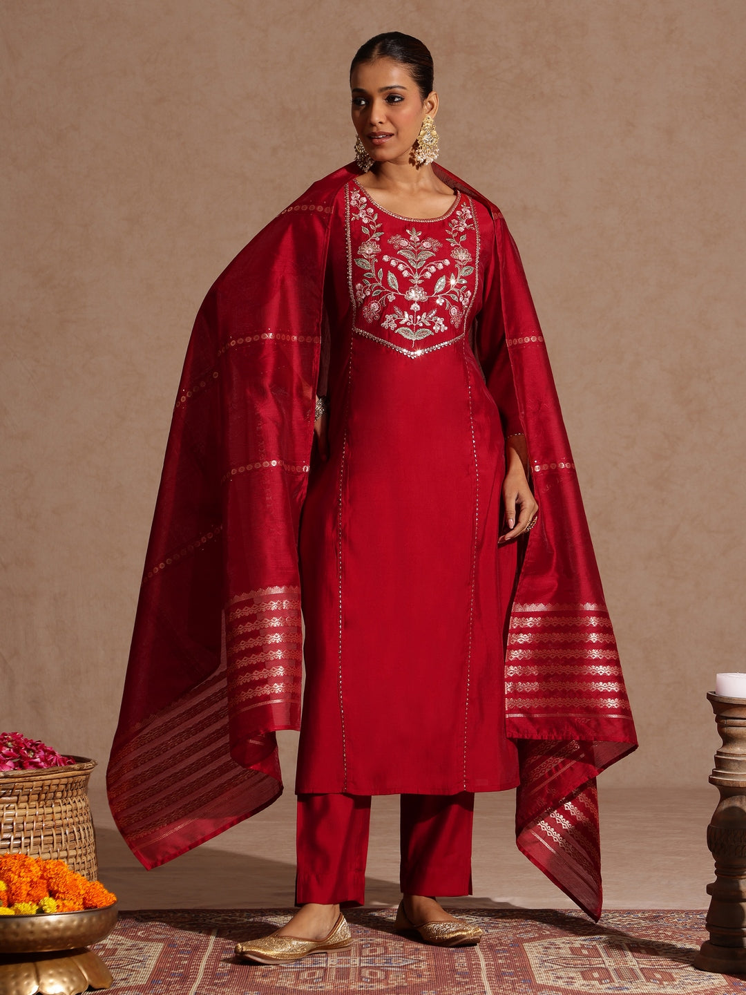 Ninnique Women's Maroon Chanderi Silk Zari Yoke Embroidered Straight Kurta Set
