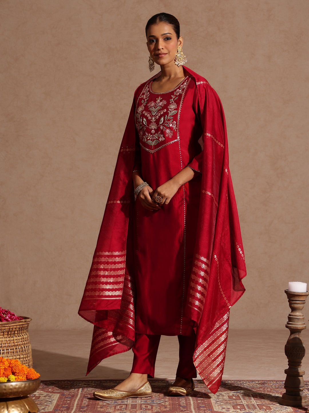 Ninnique Women's Maroon Chanderi Silk Zari Yoke Embroidered Straight Kurta Set