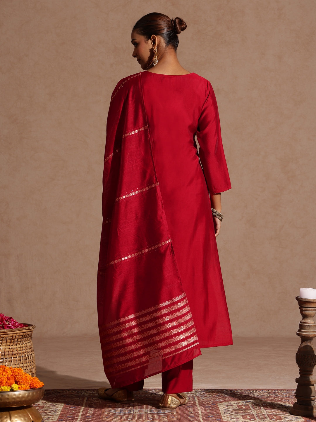 Ninnique Women's Maroon Chanderi Silk Zari Yoke Embroidered Straight Kurta Set