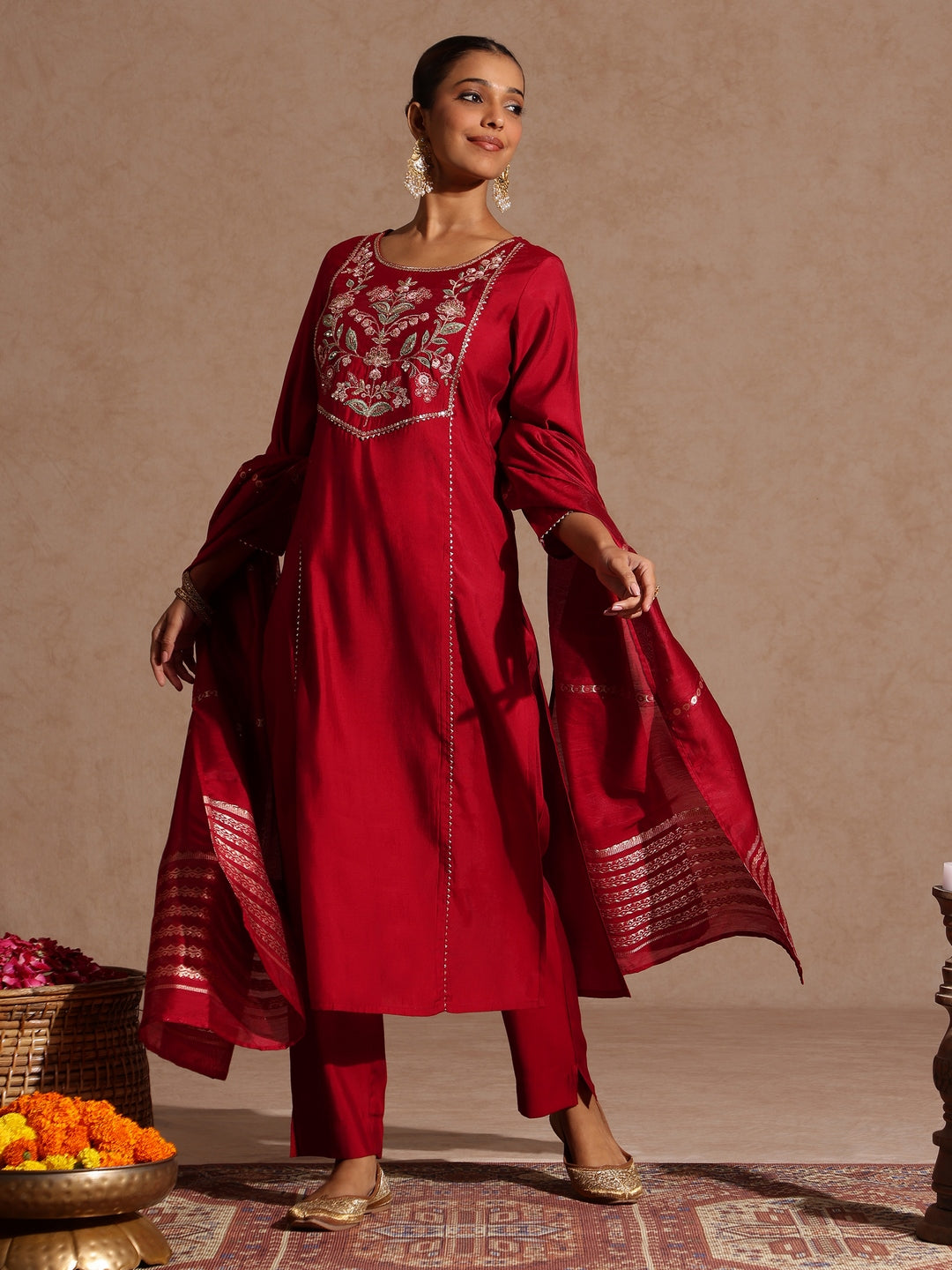 Ninnique Women's Maroon Chanderi Silk Zari Yoke Embroidered Straight Kurta Set